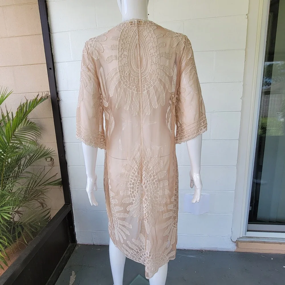 Rebellion Again Lace Mesh Kimono Cardigan Beige Women's S Boho Longline Duster